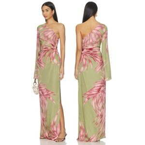 NWT Rococo Sand Fawn One Shoulder Maxi Dress Green Pink Palm Leaf Print size S